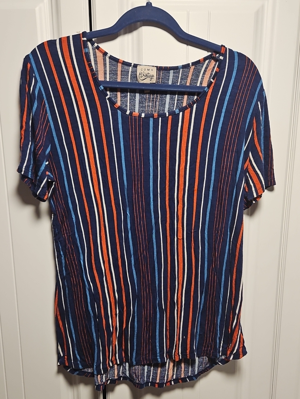 Como Vintage Navy Striped Short Sleeve Crewneck Top with Red & Blue Accents